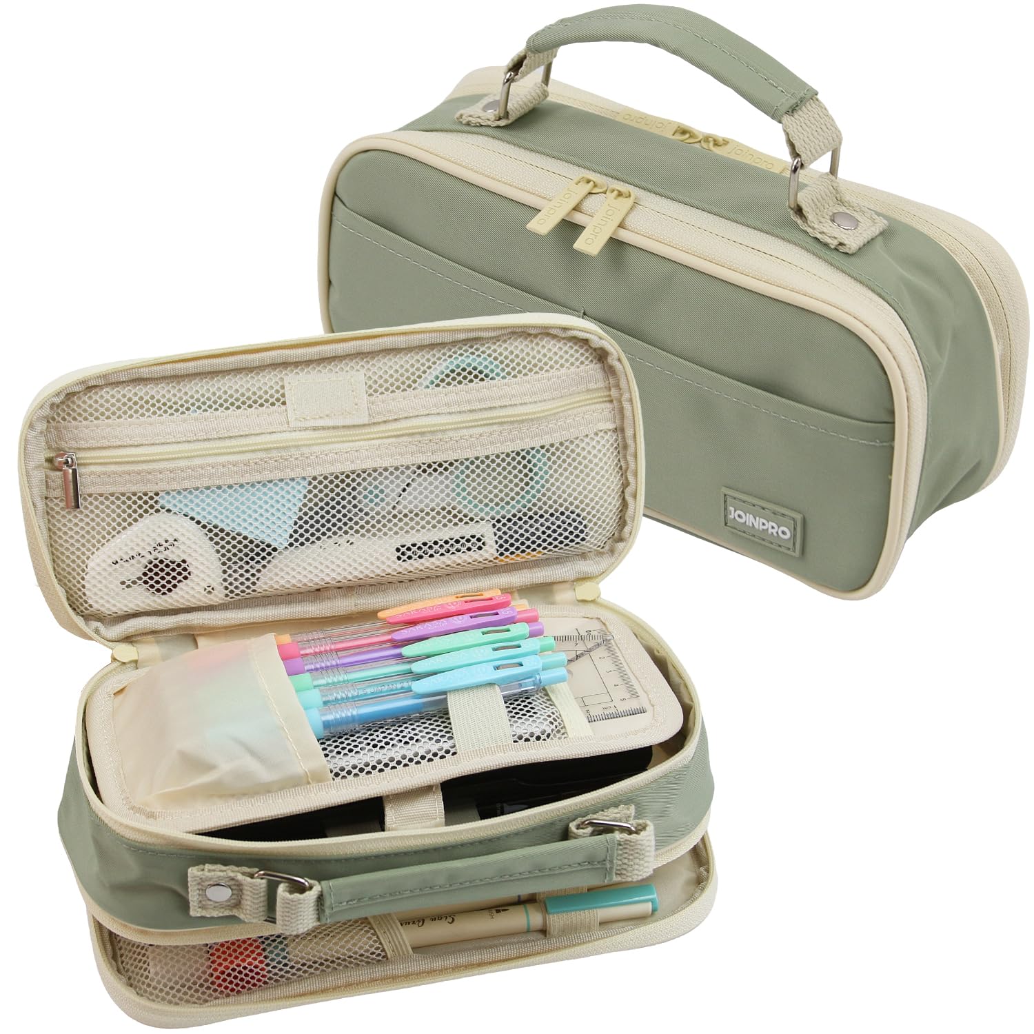JOINPRO Pencil Case, Large Capacity Pencil Case Organizer; Double Zipper Storage Bag; Big Pencil Pouch for College School Office Teen Girl Boy Men Women Adult (Green)