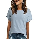 Dokotoo Women's Tops Dressy Casual Crew Neck Short Sleeve Hollow Out Lace Embroidered Blouses Shirts