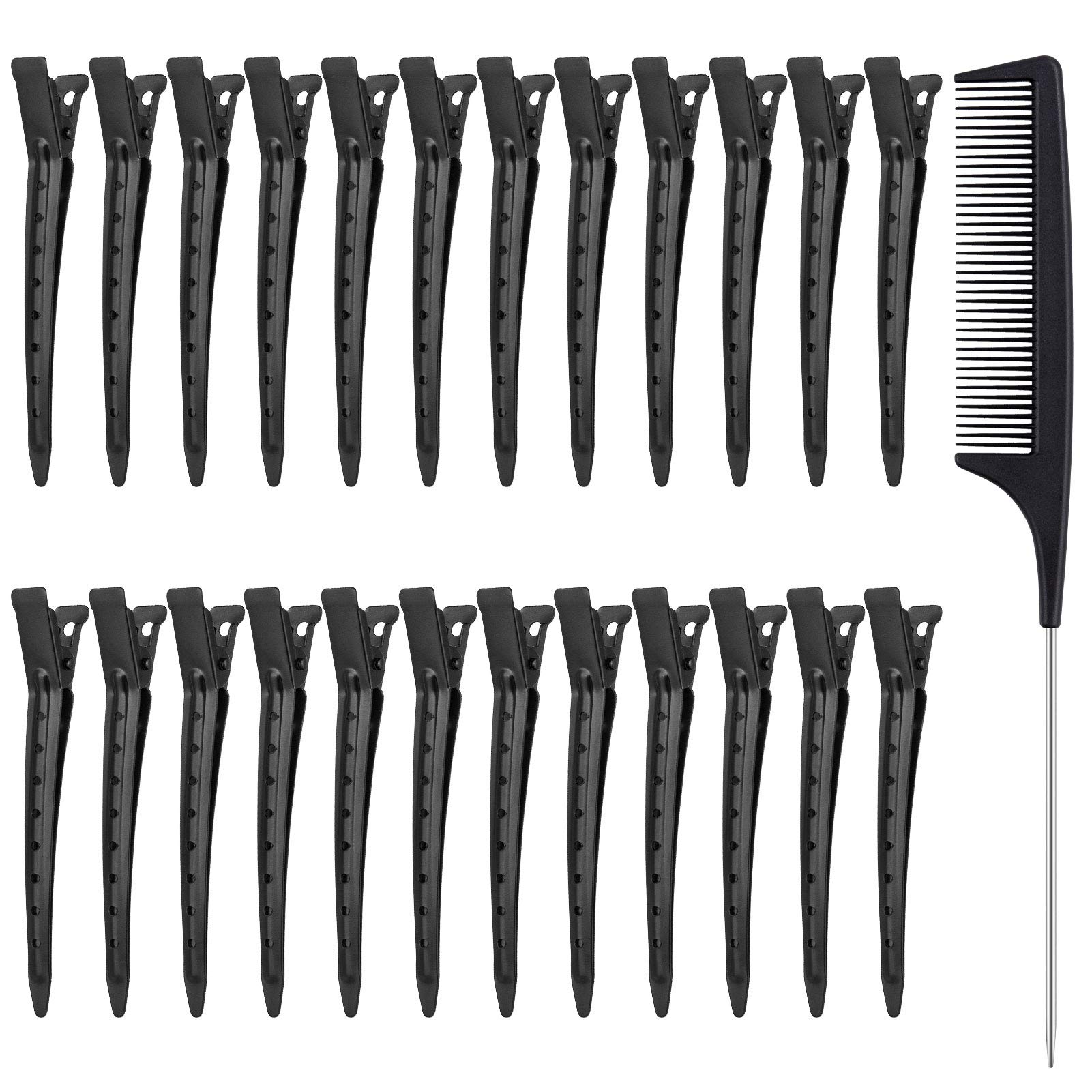 24pcs Hair Sectioning Clips with Styling Comb, 3.5 Inches Duckbill Hair Clips Metal Crocodile Hairdressing Curl Clips Black