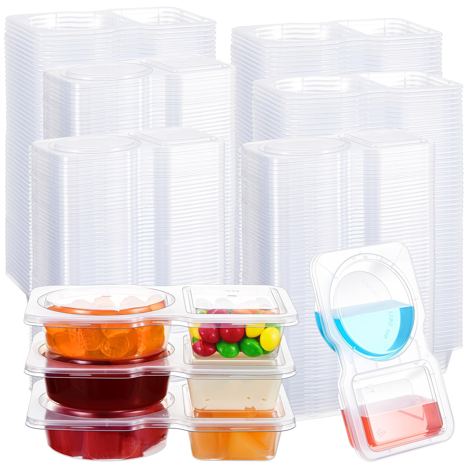 Photo 1 of Blushtier 100 Pcs 5 oz Double Compartment Snack Containers with Lids Clear 2 Compartment Small Disposable Plastic Snack Box Container for Sauce Salad Travel Sampling