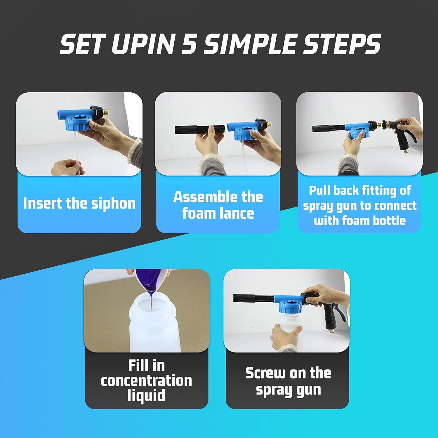 INGOFIN Car Wash Foam Cannon Gun for Garden Hose - Car Wash Foam Soap Sprayer Snow Foam Blaster with Metal Handle,Adjustable Nozzle,6 Level Ratio Dial,Washing Mitts,Quick Connector to Any Garden Hose: Automotive