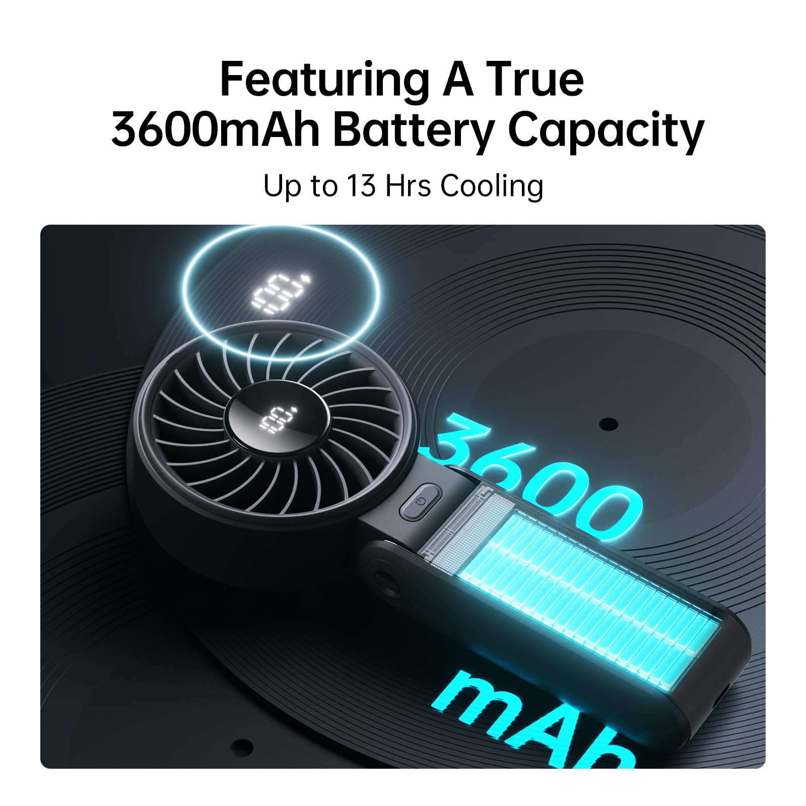 JISULIFE Handheld Fan Life7 – Ultimate Flexibility: High-Power Motor, LED Display, 13 Hrs Cooling, 3600mAh Rechargeable, 5-Speed, Foldable Design, 3-IN-1 Portable Fan for Travel Cruise Beach(Black)