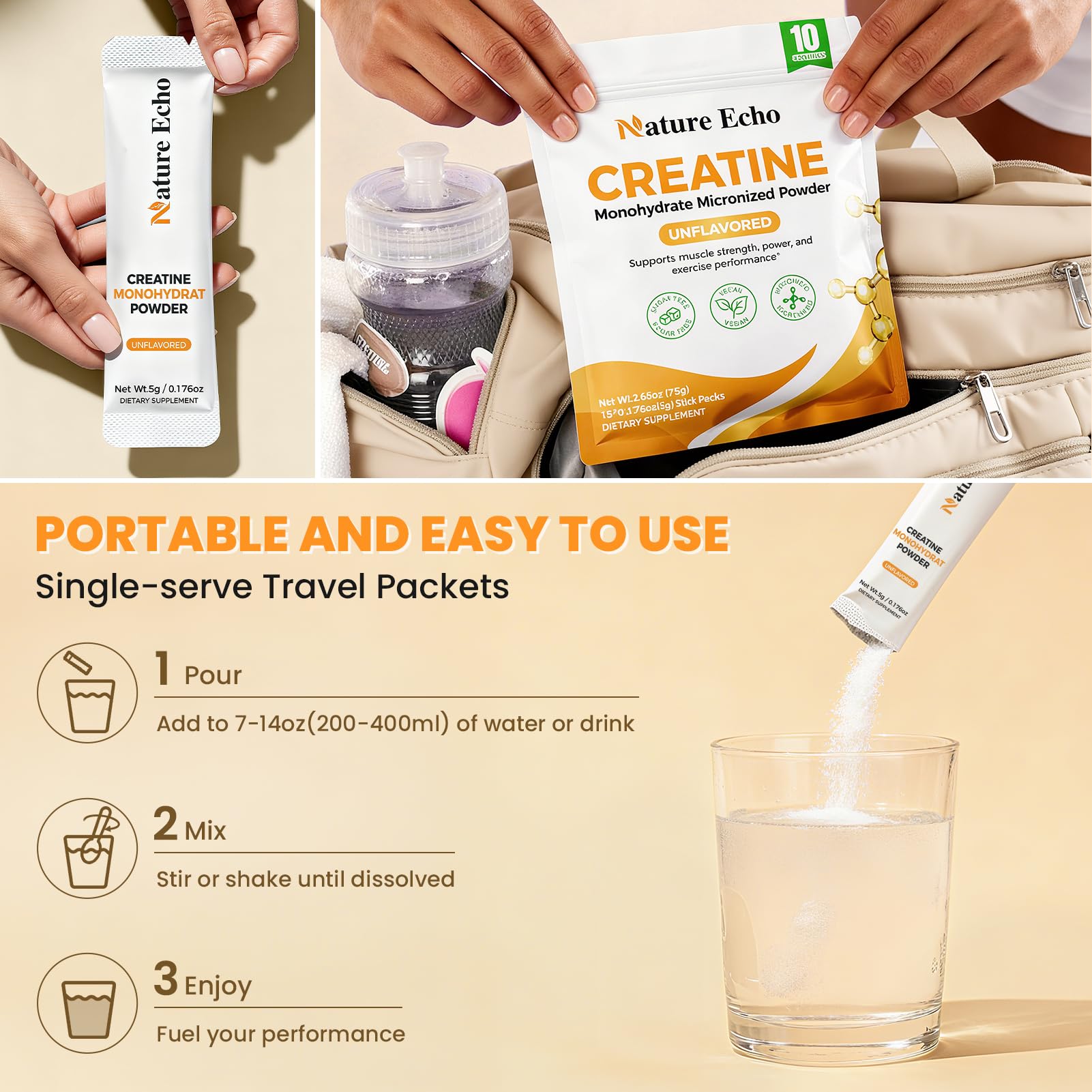 Nature Echo Creatine Monohydrate Micronized Powder - 15 Single-Serve Travel Packs 5g - Clean, Unflavored Creatine for Men & Women to Muscle Growth, Vegan, Gluten-Free, no Sugar