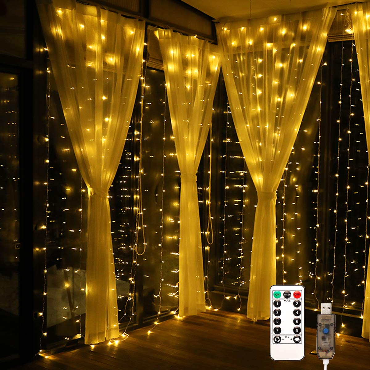 LED Window Curtain String Light, Remote Control, 8 Modes Decorative