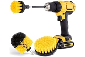HIWARE Drill Brush Attachment Set, Yellow, Plastic Handle, 3 Sized Brush Heads for Cleaning Bathtub, Shower, Floor, Carpet, Kitchen, Bathroom, and More