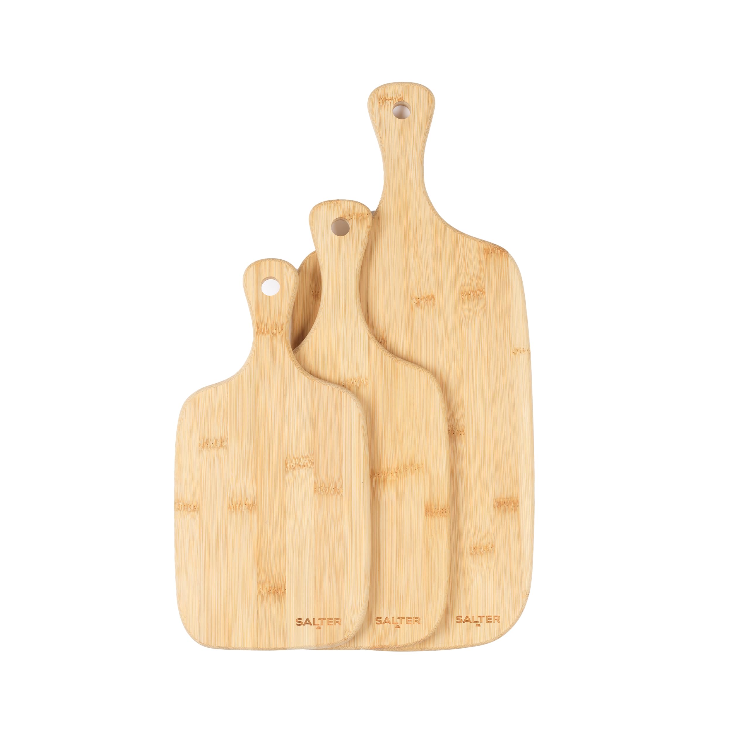 Salter Wooden Chopping Boards - 3 Piece Bamboo Chopping Board Set - 30cm, 35cm, 45cm, Chop, Cut & Carve Meat, Vegetables, Cheese & Bread, Protects Worktops, Paddle Handles with Hooks, BW06732EU7