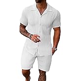 UOUA Summer Outfits for Men 2 Piece Short Sleeve Button Down Shirt & Shorts Set Casual Vacation Beach Tracksuit