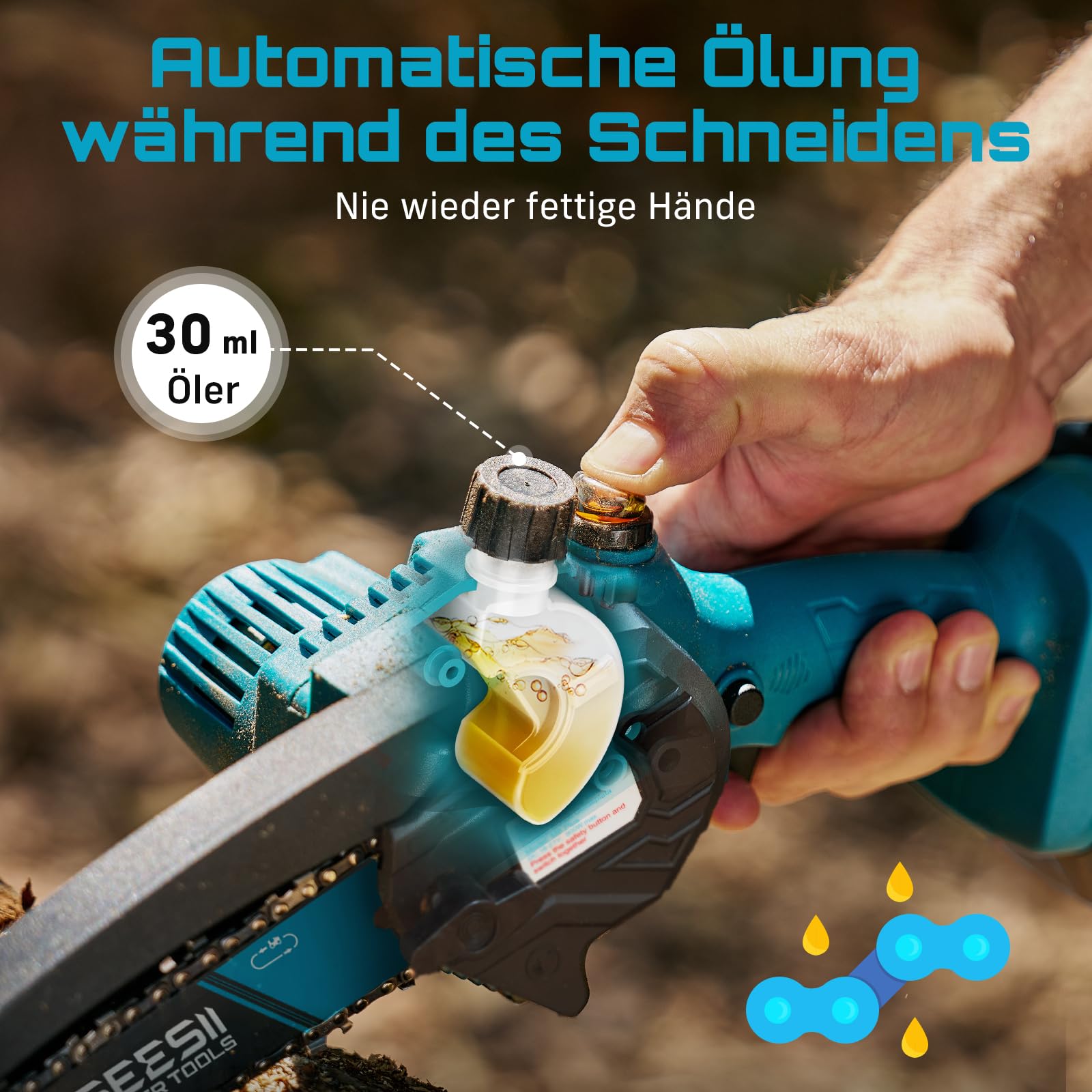 Seesii Mini-Kettensäge mit Akku, 6 Zoll, elektrische Kettensäge, kabellos, mit Schmiermittelinjektor und 2 Batterien, Mini-Kettensäge, wiederaufladbar, 2 Ketten 3