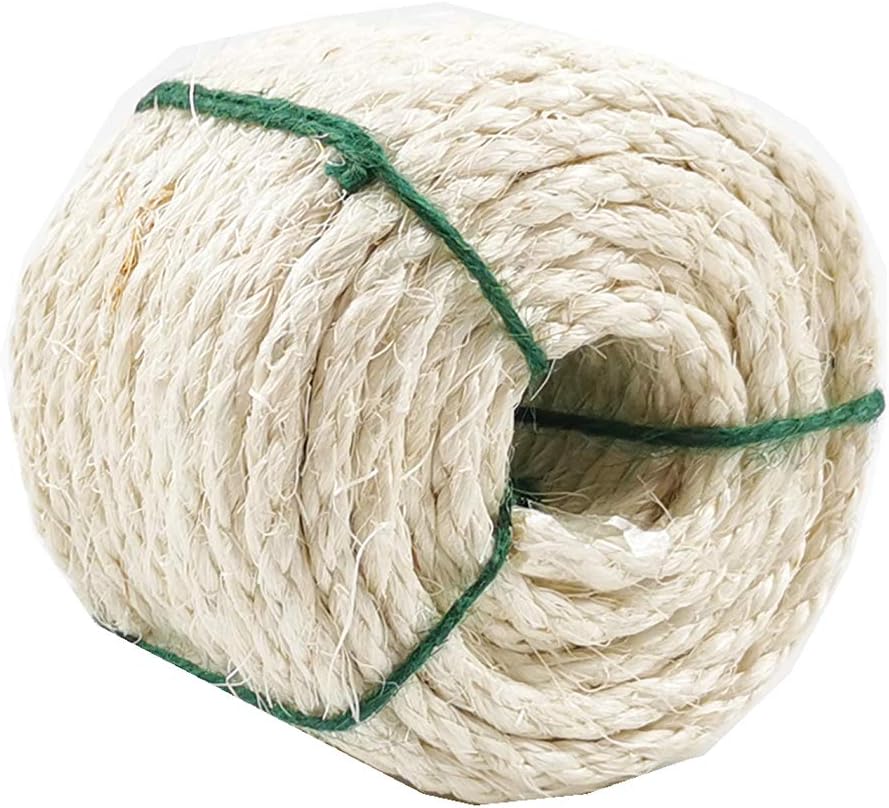Treasborn Natural Sisal White Rope for Cat Scratching Post Replacement, 100 Feet / 50 Feet Hemp Rope for Repairing, Recovering or DIY Cat Scratcher, 1/4 Inch Diameter