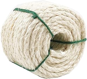 Treasborn Natural Sisal White Rope for Cat Scratching Post Replacement, 100 Feet / 50 Feet Hemp Rope for Repairing, Recovering or DIY Cat Scratcher, 1/4 Inch Diameter