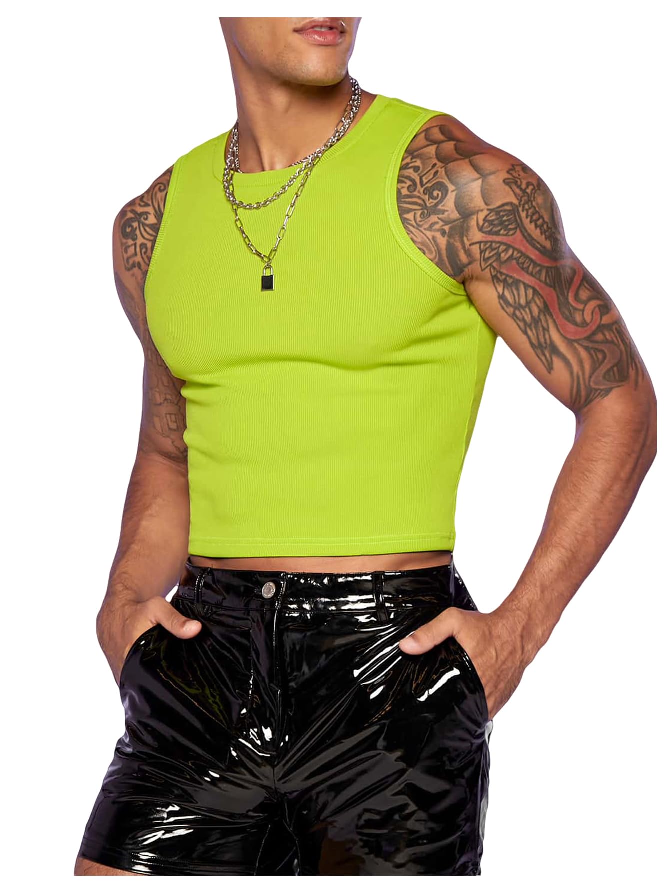 Photo 1 of GORGLITTER Men's Fashion Workout Neon Crop Tank Top Slim Fit Hot Shirts Green Large