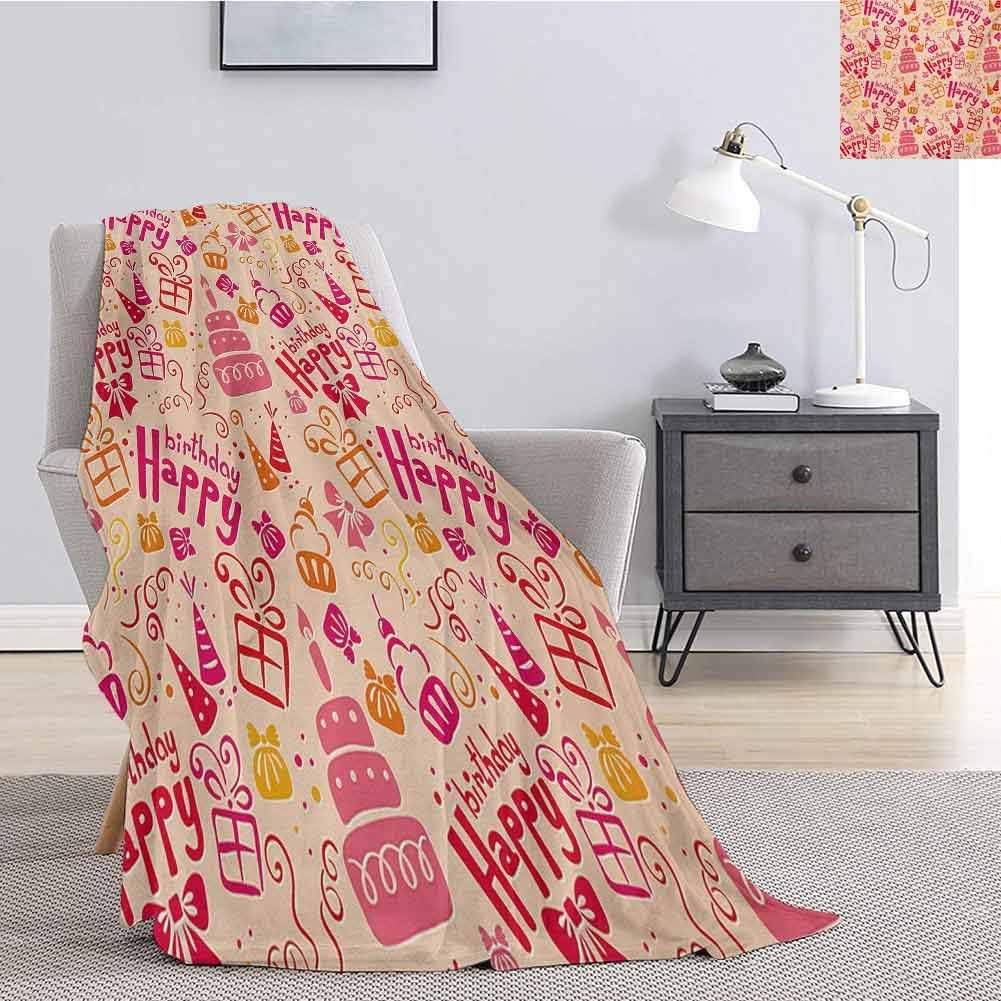 Kids Birthday Bedding Microfiber Blanket Present Party Themed Cakes Cone Hats Swirls Work of Art Print Super Soft and Comfortable Luxury Bed Blanket W60 x L50 Inch Pink Orange and Hot Pink
