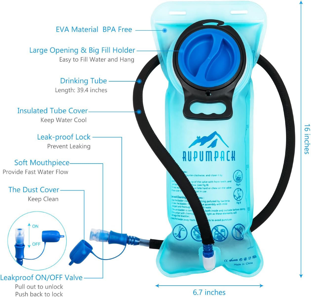 RUPUMPACK Water Bladder Hydration Bladder 2 Liter 70oz - Leakproof Tasteless BPA Free Water Reservoirs Replacement, Fit for Camping Hiking Climbing Running Biking Outdoor Backpack : Sports & Outdoors