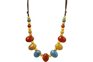 MINACHI Bohemian Hippie Colorful Ceramic Geometric Bead Strand Necklace, Vintage Boho Statement Jewelry Gift for Women