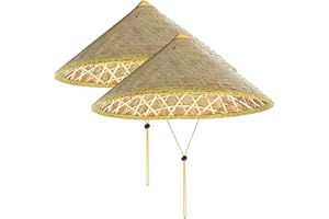 Xweptuy 2Pcs Rice Hat, Chinese Oriental Conical Bamboo Hat with Adjustable Rope, 14 Inch Weave Rice Straw Tourism Rain Cap fo