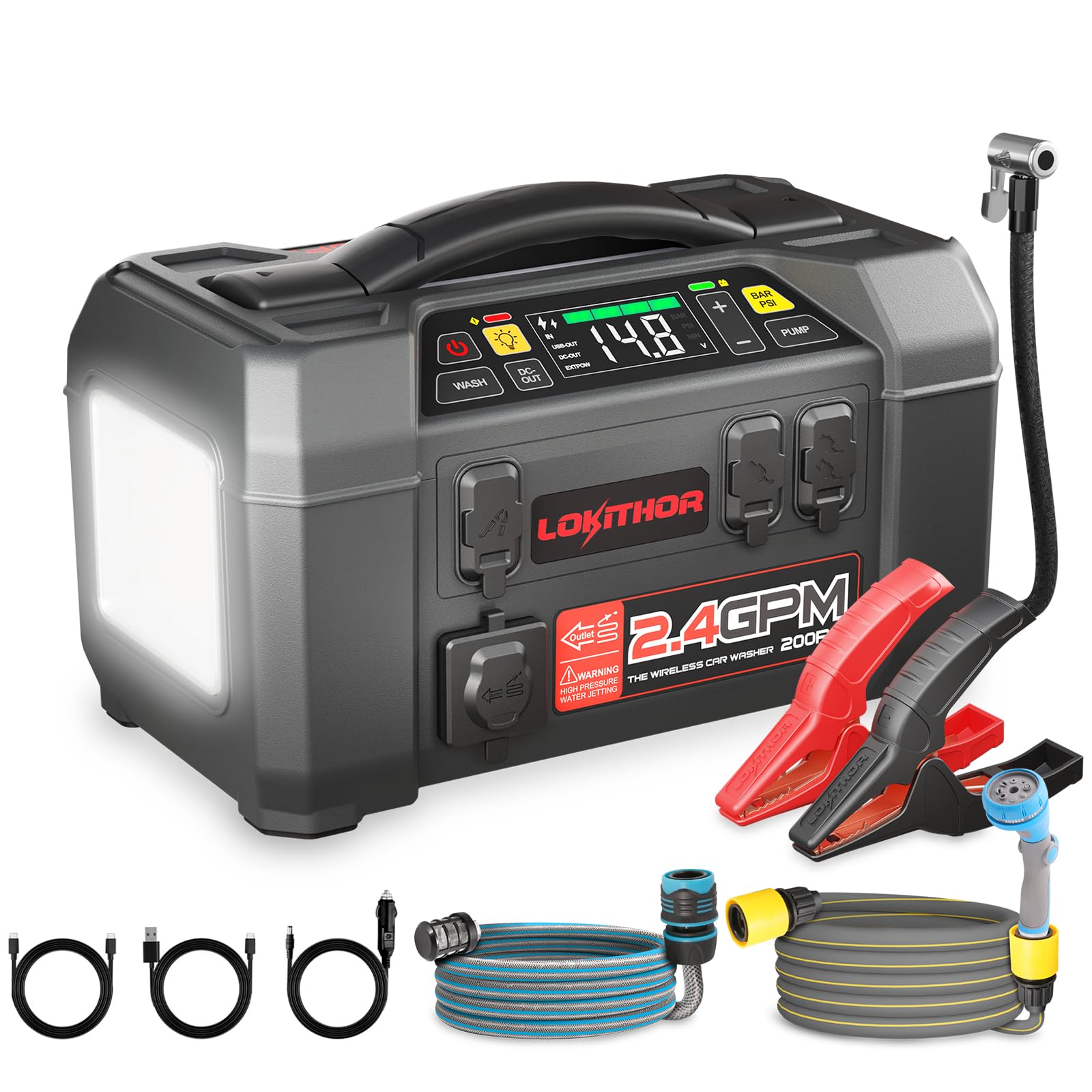 LOKITHOR AW401 5-in-1 Multi-Function Emergency Tool, 2500A Jump Starter + Cordless Air Compressor + Multi-use Pressure Washer + LED Light + Portable Power Bank, for Car Recovery, Camping & Travel