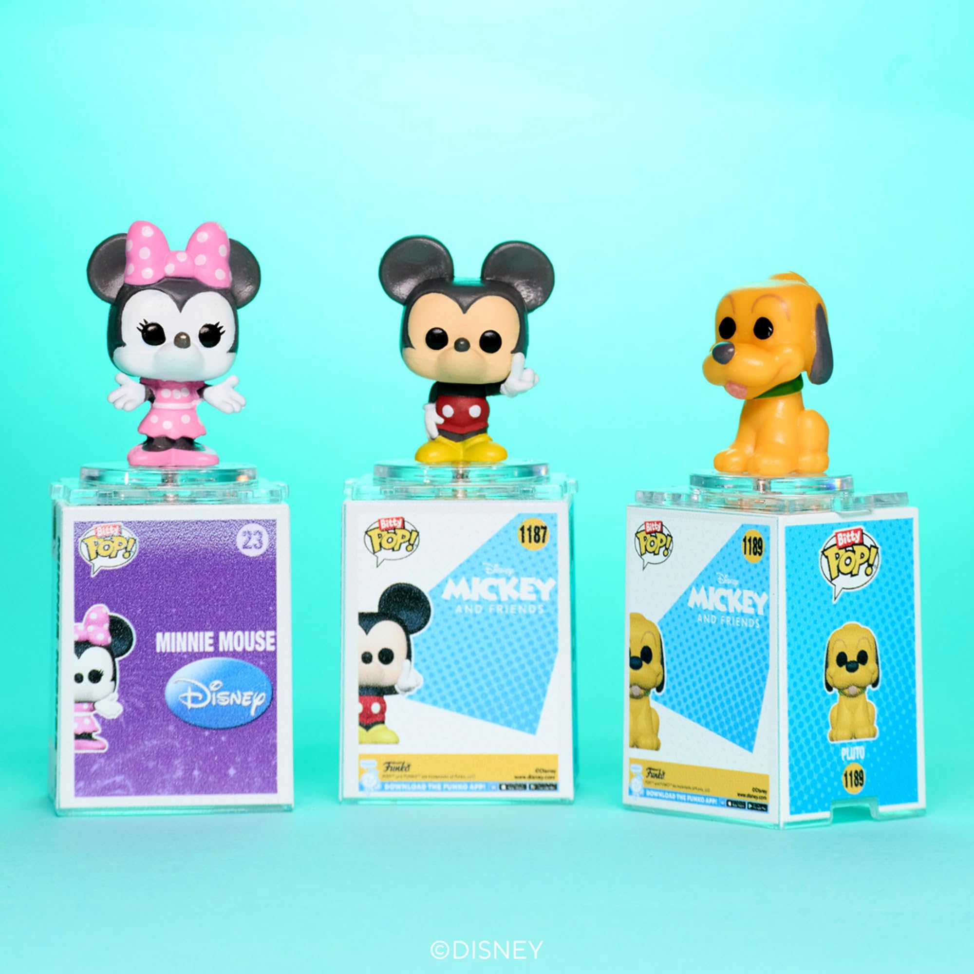 Funko Bitty POP! Disney - Mickey, 4-Pack - Mickey Mouse, Minnie Mouse (Pink Dress), Pluto and A Surprise Mystery Mini Figure - 0.9 Inch (2.2 Cm) Collectable - Stackable Display Shelf Included