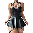 Foxiny Sexy Strappy Leather Underwire Choker Garter Belt Mini Lingerie Set Dress with Thong 3 Piece