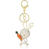 Dreuyet Crystal Carrot Rabbit Keychain Rhinestone Bunny Hugging Carrot Easter Gifts Purse Charm