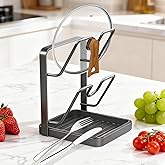 YAGUAN Double Layer Kitchen Pot Lid Storage Rack, 304 Stainless Steel Pot Lid Holder While Cooking, Kitchen Pot Lid Storage Rack for stove top, Multifunctional Kitchen Pot Lid Organizer for Countertop