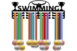CREATCABIN Swimming Medal Hanger Display Medal Holder Rack Sports Metal Hanging Athlete Awards Iron Wall Mount Decor Over 60+ Medals for Swimmer Race Ribbon Lanyard Medals Medalist Black 15.7x5.5Inch