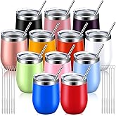 12 Pack Stainless Steel Stemless Wine Tumblers, 12 oz Double Layer Vacuum Wine Tumbler Cups with Lids and Straws, Stemless Insulated Wine Glasses for Coffee, Wine, Cocktails, Champaign, 12 Colors