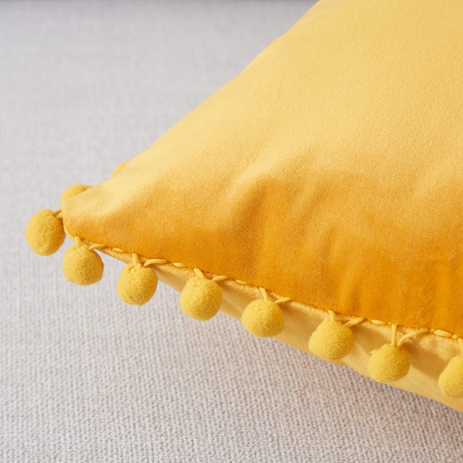 Top Finel Decorative Throw Pillow Covers with Pom Poms Soft Particles Velvet Solid Cushion Covers 20 X 20 for Couch Bedroom Car, Pack of 2, Mustard Yellow: Home & Kitchen