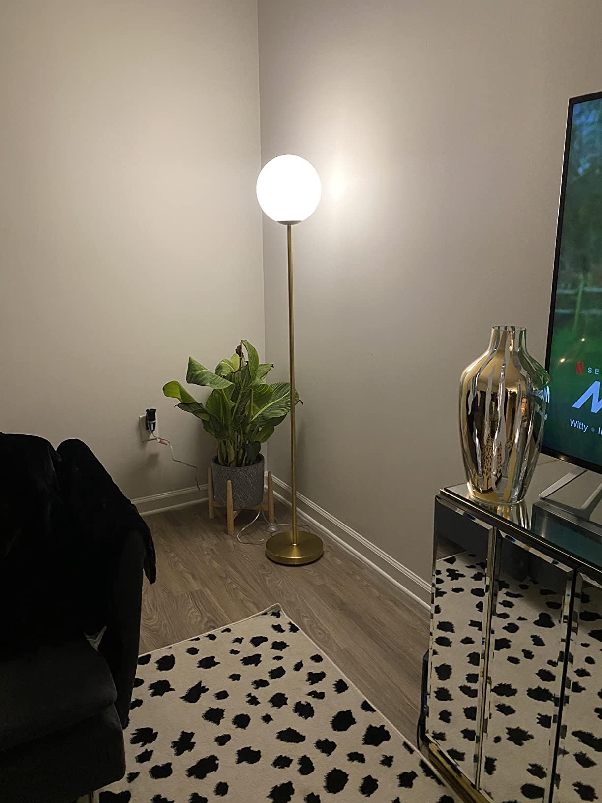 Brightech Luna LED Floor lamp, Modern Lamp for Living Rooms & Offices, Great Living Room Décor, Tall Lamp with Frosted Glass Globe, Mid Century Standing Lamp for Bedroom Reading - Brass/Gold