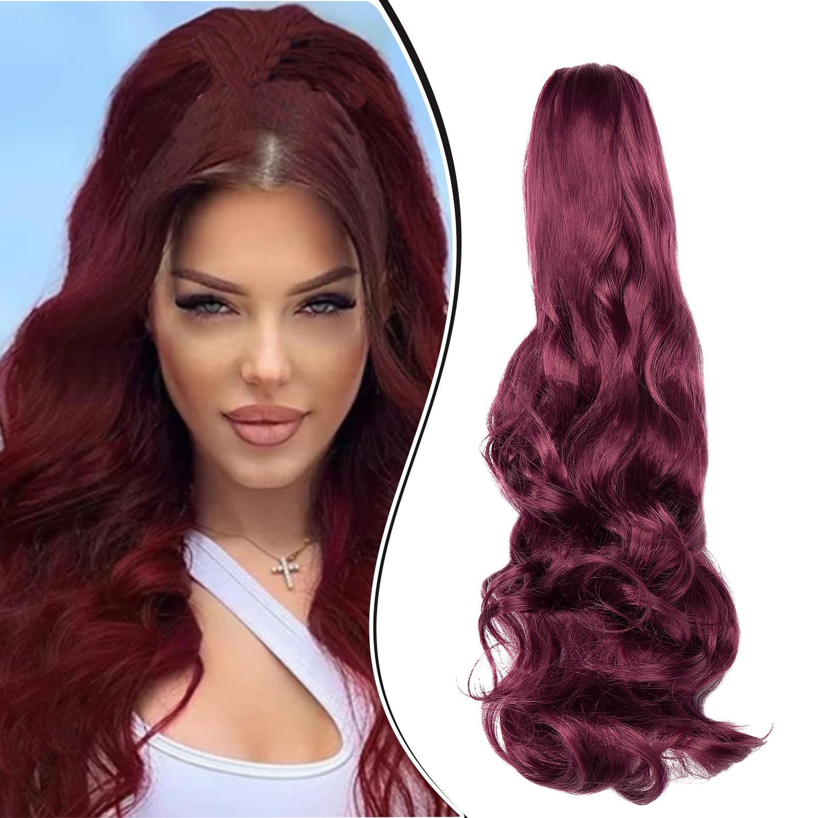 Dcbaboo Ponytail Extension Curly 18inch Claw Clip in Ponytail Hair Extensions Long Wavy Synthetic Pony tails Natural Wave One Piece Hairpiece Fake Ponytail for Women, Wine Red — image 1