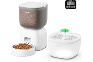 FRIWOLE Automatic Cat Food Dispenser + 67oz/2L Automatic Cat Drinking Fountain, Automatic Cat Feeders, Over 180-day Battery Life Scheduale Timed Pet Feeder, Pet Water Fountain with LED Light/Filter (White)