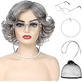 Parceria Old Lady Wig Costume Set for Women, Short Silver Grey Wigs Granny Wig Costume and Accessories 5 Pcs Set, Realistic Style Curly Grandma Costume Wig for Halloween Cosplay Party