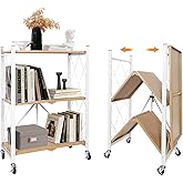 3 Tier Folding Shelf with Wheels, Metal Steel Collapsible Shelves, Folding Bookshelf no Assembly, Portable Folding Storage Shelves, Rolling Standing Utility Rack for Kitchen, Office, Bedroom, Natural