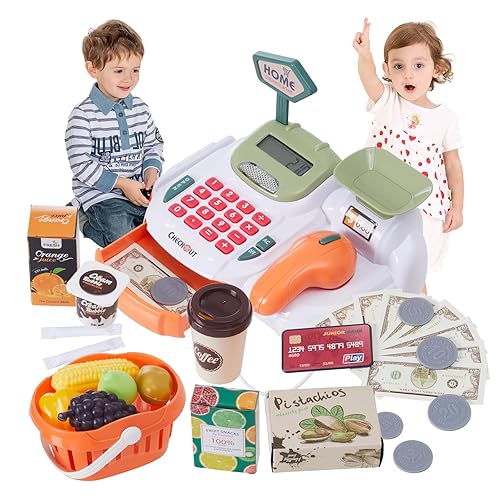 Qivange Toy Till Cash Register for Kids Toys Shop Age 3 4 5 with Scanner, Play Money Pretend Toddler Toys with Food Fruit Basket Caculator, Role Play Shop Toys Childrens Till Birthday Gift