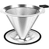 Pour Over Coffee Dripper, Stainless Steel Coffee Filter, Paperless Reusable Coffee Filter, Double Micromesh 600 Mesh Strainer Coffee Maker with Heat-Resistant Silicone Handle &amp; Base (1-2 Cups)