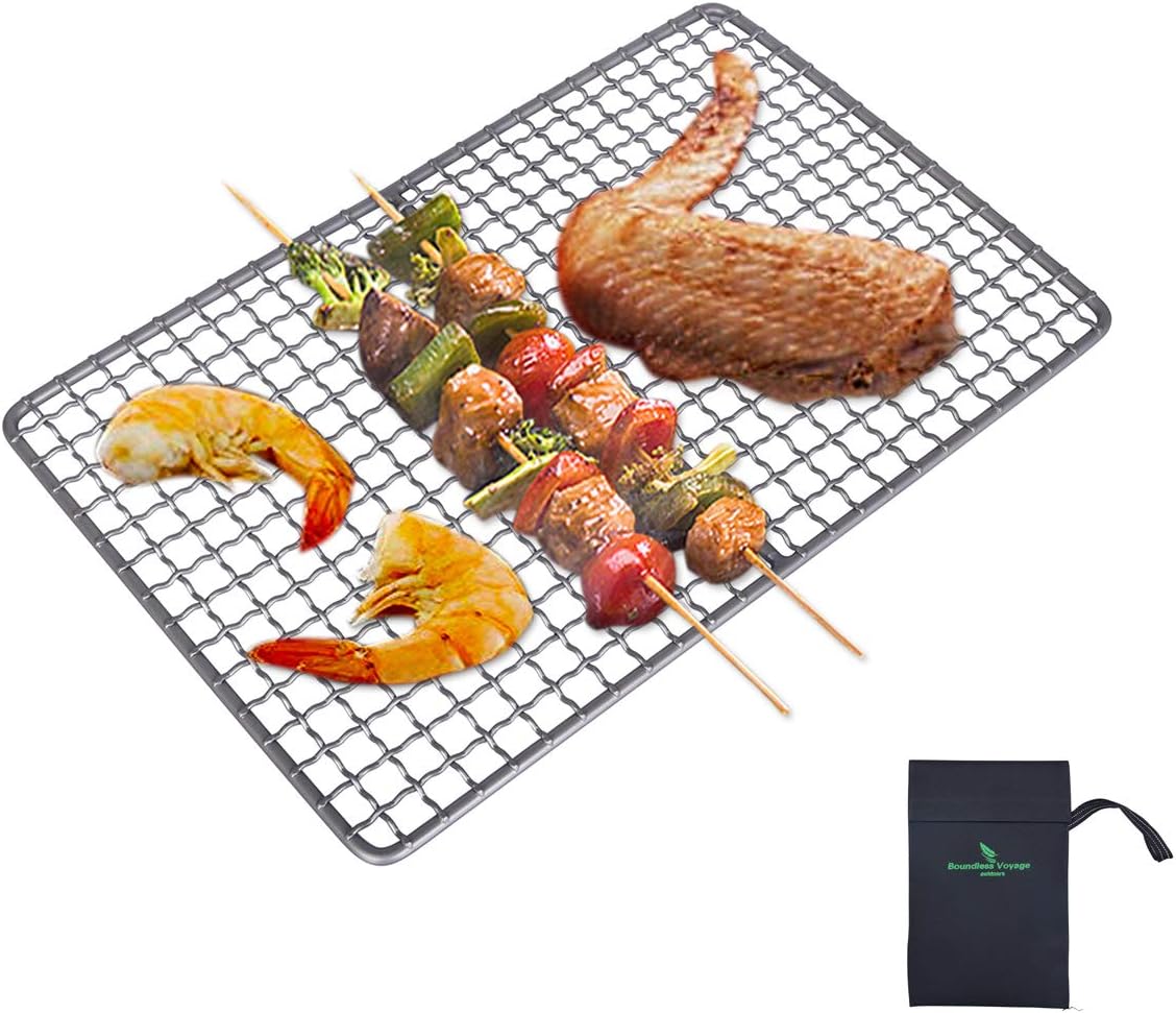 iBasingo Outdoor Titanium Grill Rack Grate Mini Charcoal Grill Net Plate Camping Pot Rack Baking Cooling Grill Camp BBQ Wire Mesh and Hanging Chain for Garden Trekking Hiking Picnic Backpacking Home