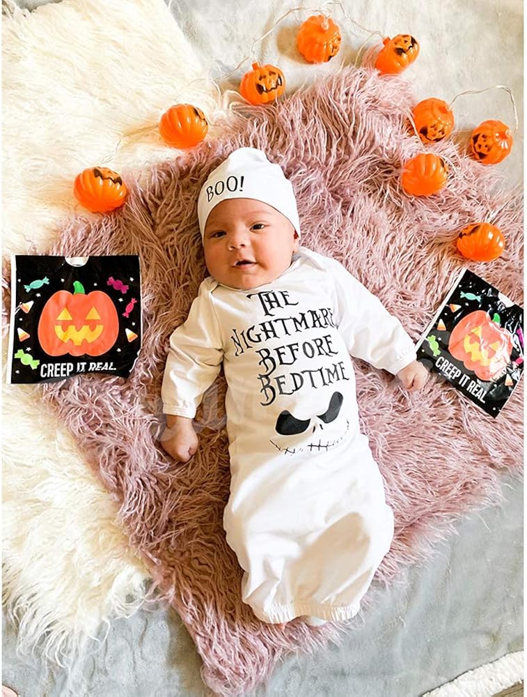 Dramiposs Newborn Halloween Gown Sleepwear Baby Boys Girls The Nightmare Before Bedtime Sleeper (white,0-3 Months): Clothing