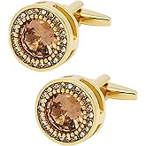 Jonwo Round Brown Crystal Golden Cufflinks for Men Lady In Gift Case Zircon Gemstone Men's Cufflinks Jewelry Set for Wedding Anniversary Business Party Events Tuxedo Dress Shirt