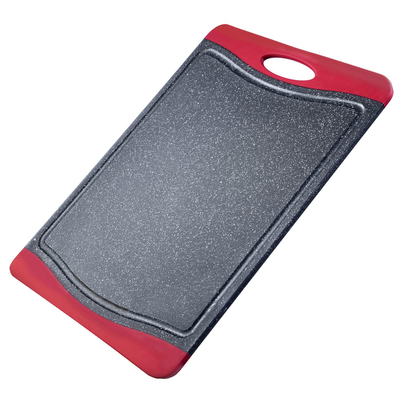 Westmark Chopping Board with juice groove, Non-slip and blade-friendly, Cutting surface: 36.5 x 25 cm, Granite design, Plastic, Anthracite/Red, 6216224G