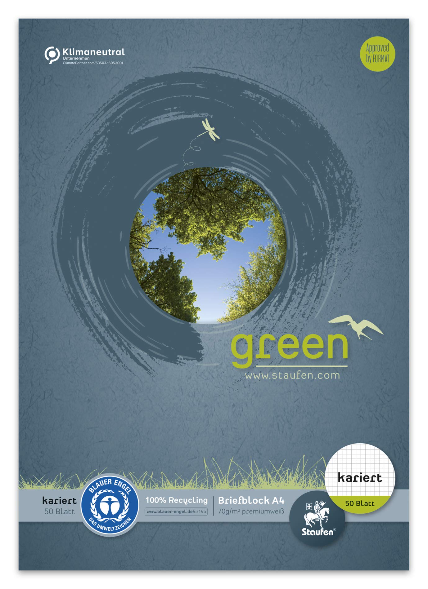 Staufen Green A4 Letter Pad, 5 mm Squared, 50 Sheets, Premium White 70 g/m² Recycled Paper, Pack of 1