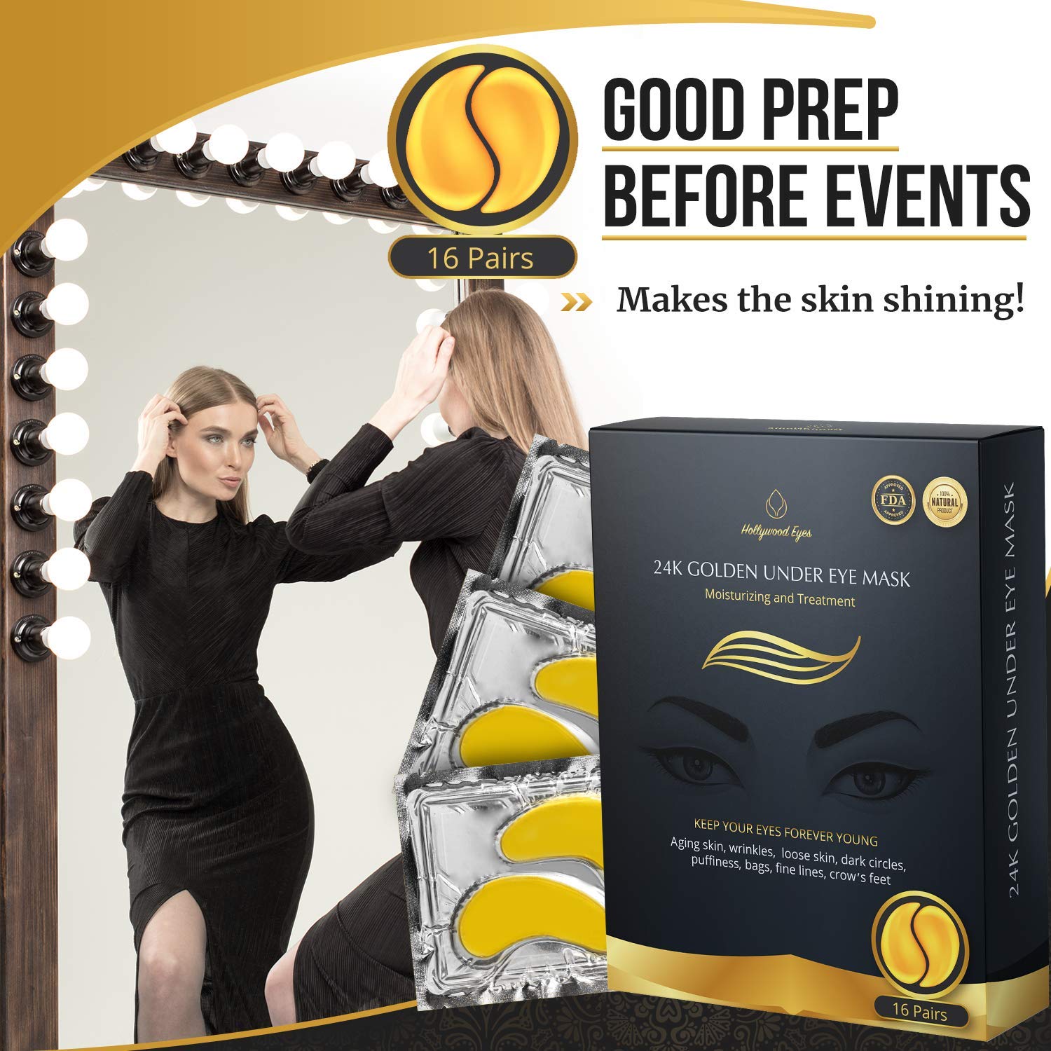 BrightJungle Under Eye Collagen Patch, 24K Gold Anti-Aging Mask, Pads for Puffy Eyes & Bags, Dark Circles and Wrinkles, with Hydrogel, Deep Moisturizing Improves elasticity, 16 Pairs : Beauty