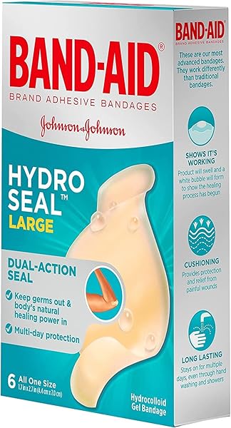 BAND-AID BRAND HYDRO SEAL ADHESIVE WATERPROOF BANDAGES, LARGE HYDROCOLLOID GEL PATCH FOR FIRST AID SUPPORT BETTER HEALING FOR MINOR BLISTERS, CUTS & SCRAPES, 6 COUNT