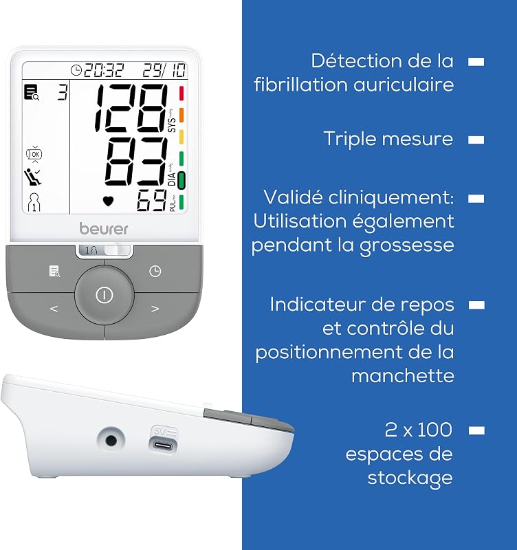 BM 53 Tensiomètre pour bras, fabriqué en Europe, cliniquement validé, détection fibrillation auriculaire, indicateur de risque, bras 22-42 cm, transfert de données vers Apple Health