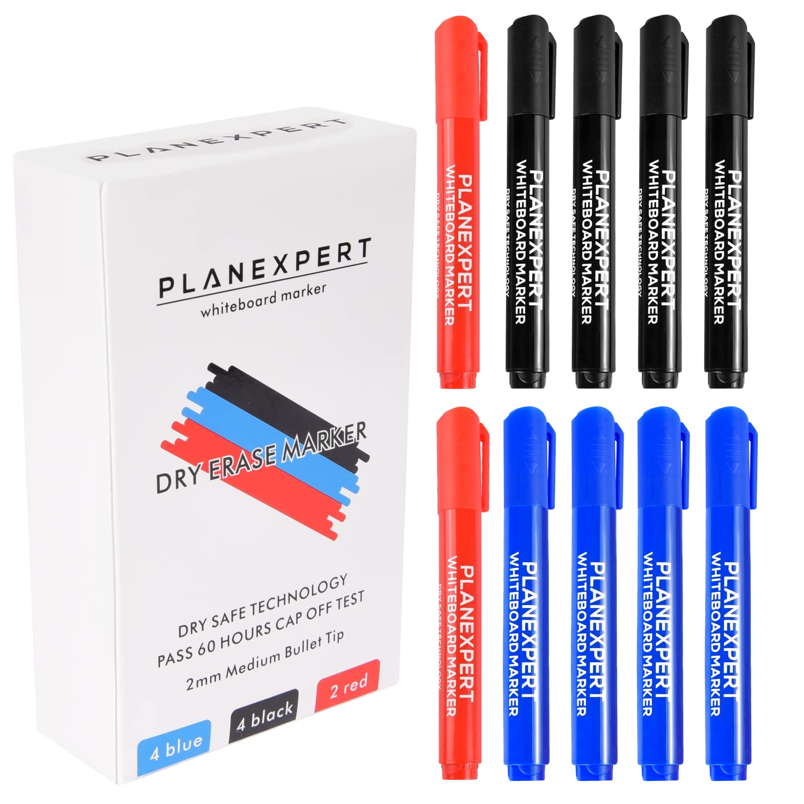PLANEXPERT Whiteboard Pens 3 colors for Whiteboards, Dry Wipe Markers with Black,Blue and Red,Dry Safe Technology for Marker Pens,2mm Medium Bullet Tip,10 Pens Pack