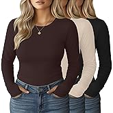 Evervibe 3 Pack Women's Plus Size Long Sleeve Shirts Crew Neck Slim Fitted Tops Casual Basic T-shirts with Thumb Holes