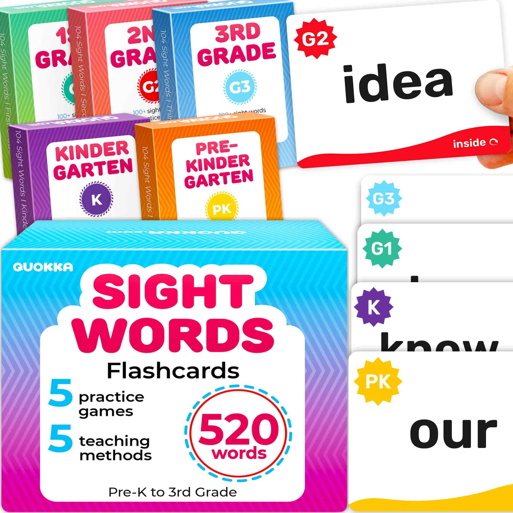 QUOKKA 520 Sight Words Flash Cards for Kids Adults - Based on Dolch & Fry High Frequency Word Lists - Pre-K, Kindergarten -1st Grade-2nd Grade to 3rd Grade | 5 Levels Color Coded Bold Font Large Size — image 1