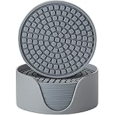 Colinda Silicone Drink Coasters with Holder, Set of 6, Outdoor Cup Mat for Hot or Cold Drinks, Thickened, Non-Slip,Non-Stick, Cool Grey
