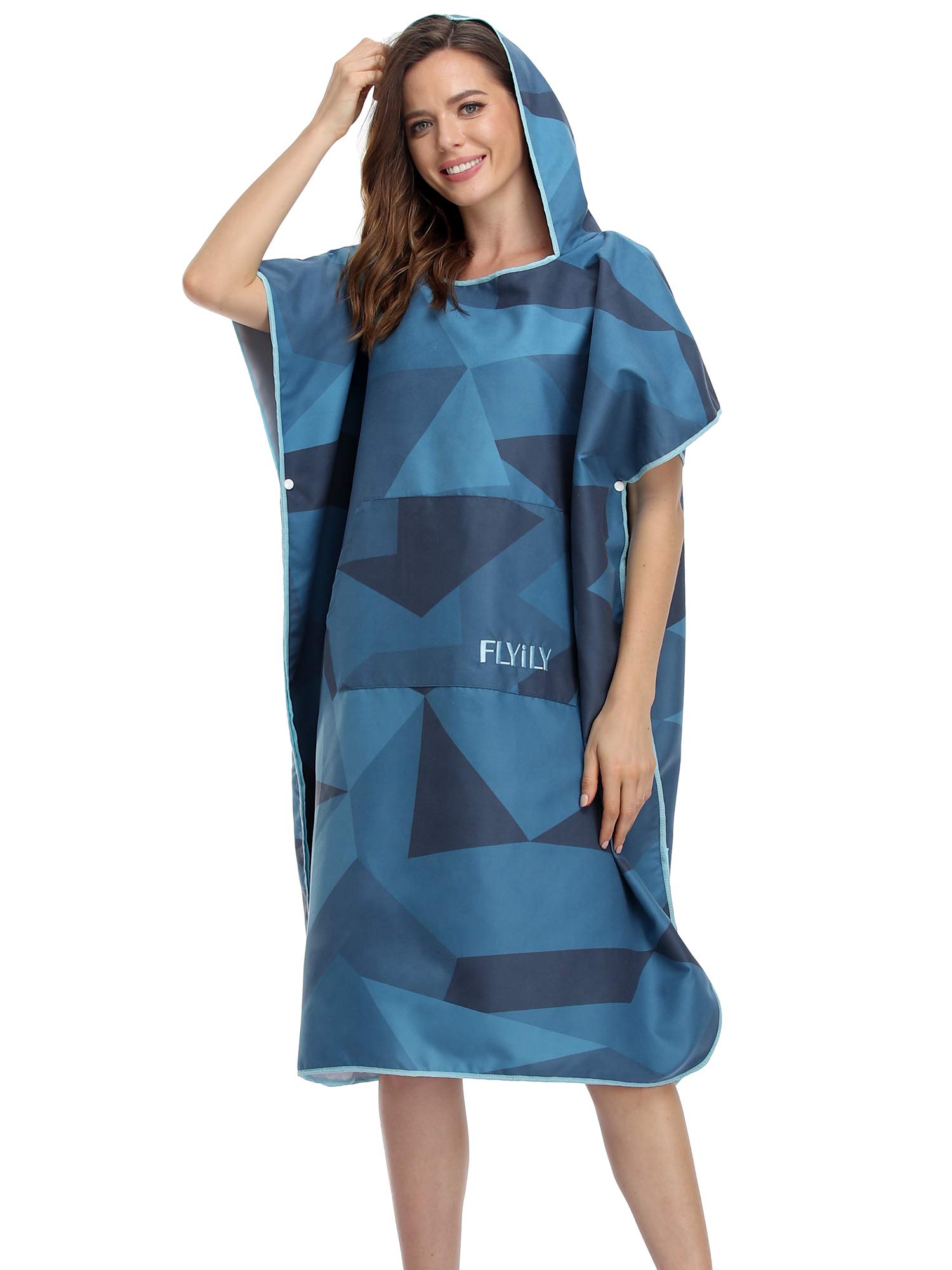 FLYILY Microfibre Surf Poncho Towel with Hood Bath Robe for swimming and beach changing One Size Fit All adults (NavyGeometry)