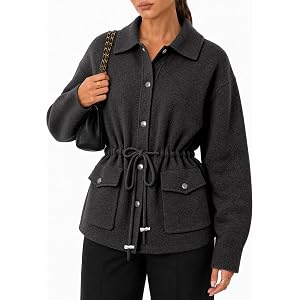 CiCiBird Womens Collared Cardigan Drawstring Waist Sweater Jacket | Pockets, Adjustable Drawstring Waist, Button Front, Soft