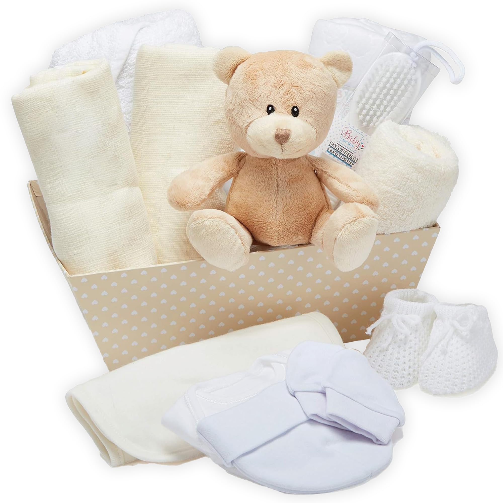 Baby Gift Set – 17-Piece Unisex Newborn Hamper | Gender Neutral for Boys or Girls | Baby Essentials in Cream Keepsake Box