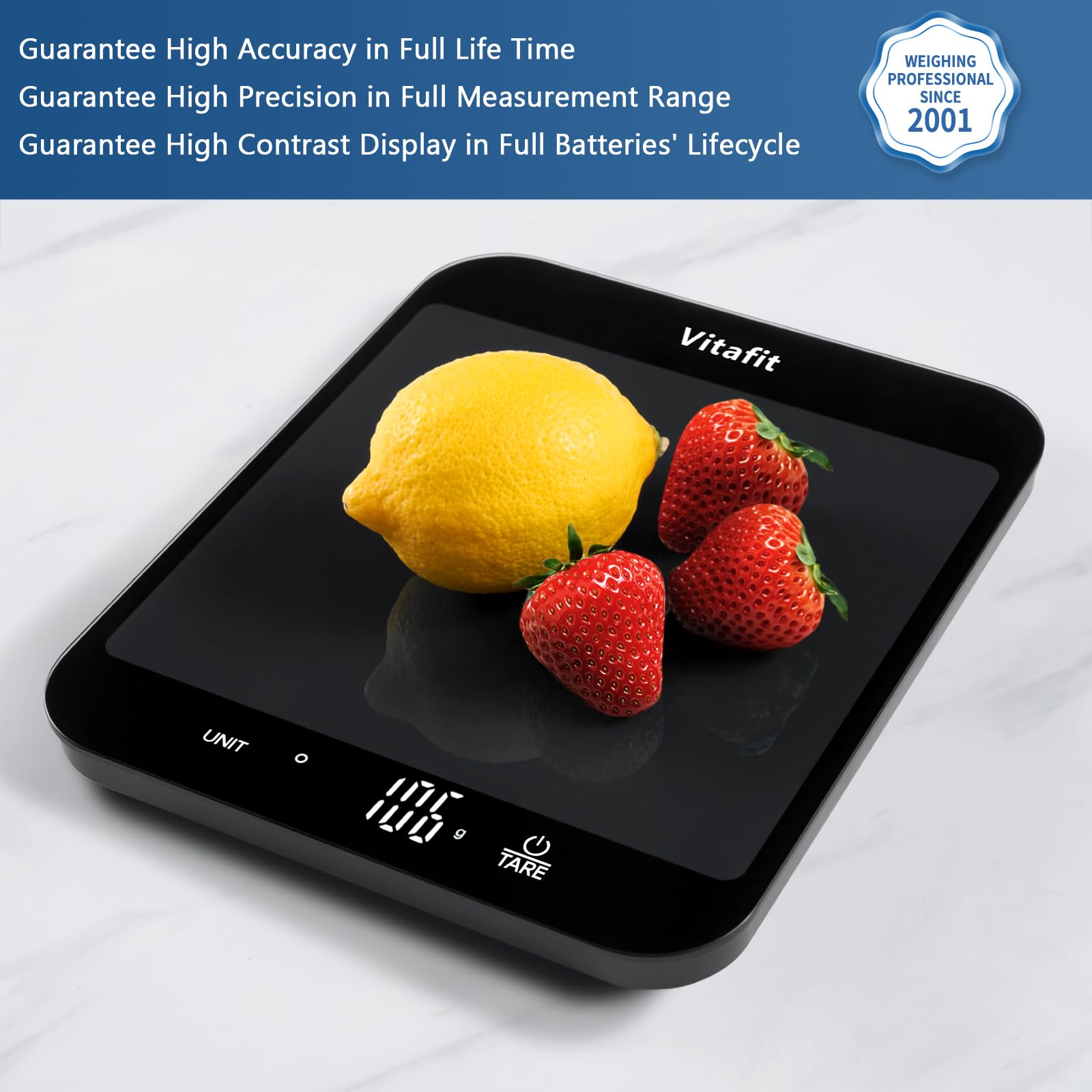 Vitafit 15 kg Digital Kitchen Scale, Multifunctional Food Scale, Digital Scale, Letter Scales with LED Display, Tempered Glass, Weight Gram, 1 g, Correctness, Black